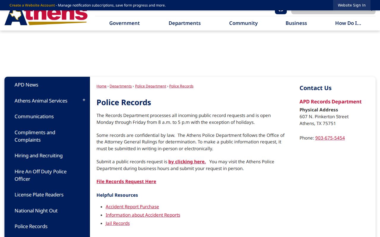 Athens Henderson County criminal history police records page